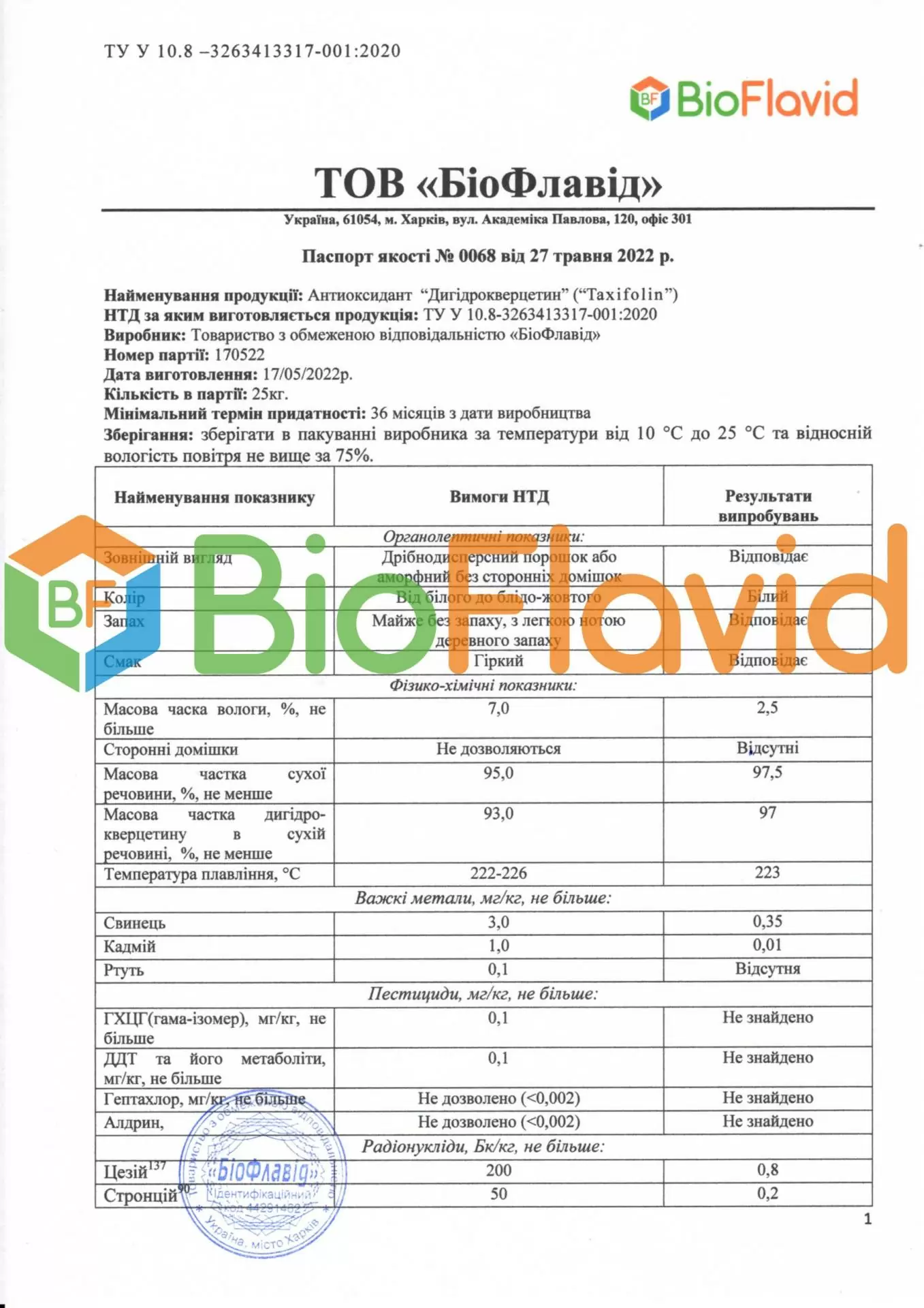 Паспорт якості таксифолін BioFlavid